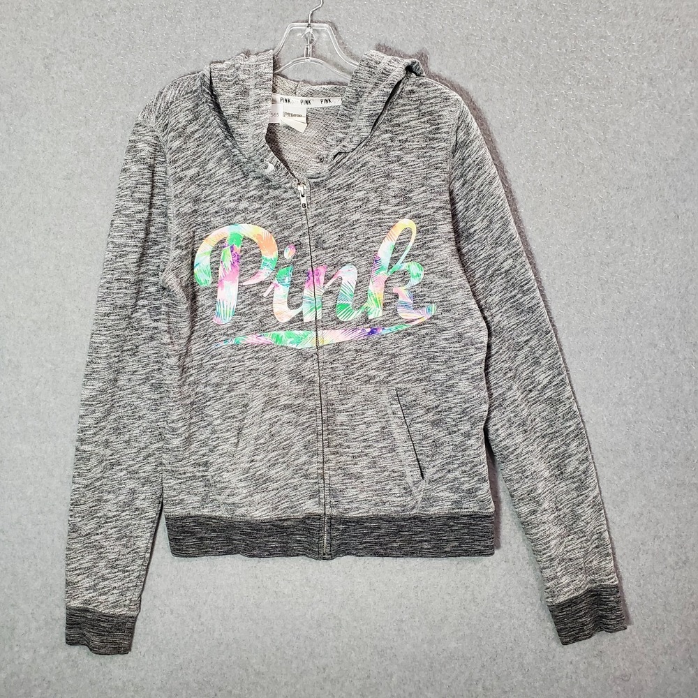 PINK‎ Victoria's Secret Women Sweatshirt Medium Gray Hoodie Tropical Logo Pocket